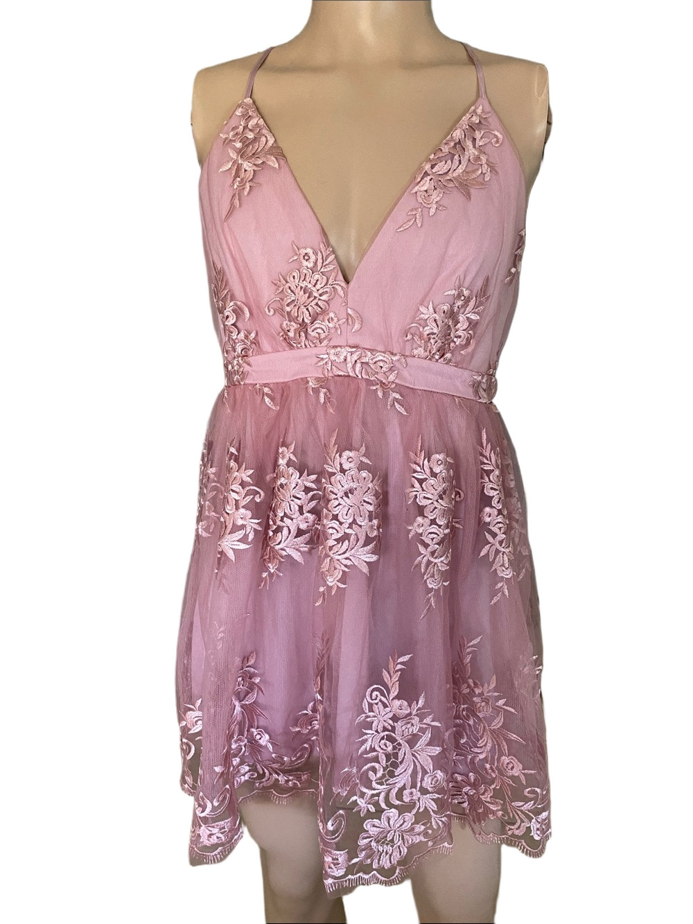 Audrey Parks Elegant Pink Embroidered V-Neck Formal Dress  gb3